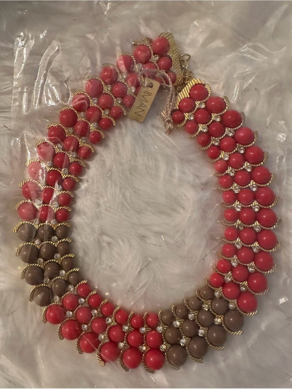 IMAN Coral and Taupe Multi-Strand Beaded Necklace with Gold Accents